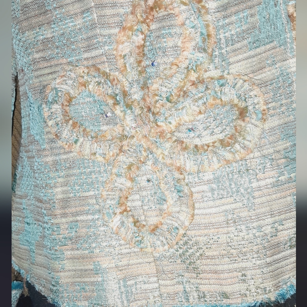 Isbell Ladies Designer Suit Jacket / Neutrals with Turquoise Accent / Boutique L - Picture 4 of 7